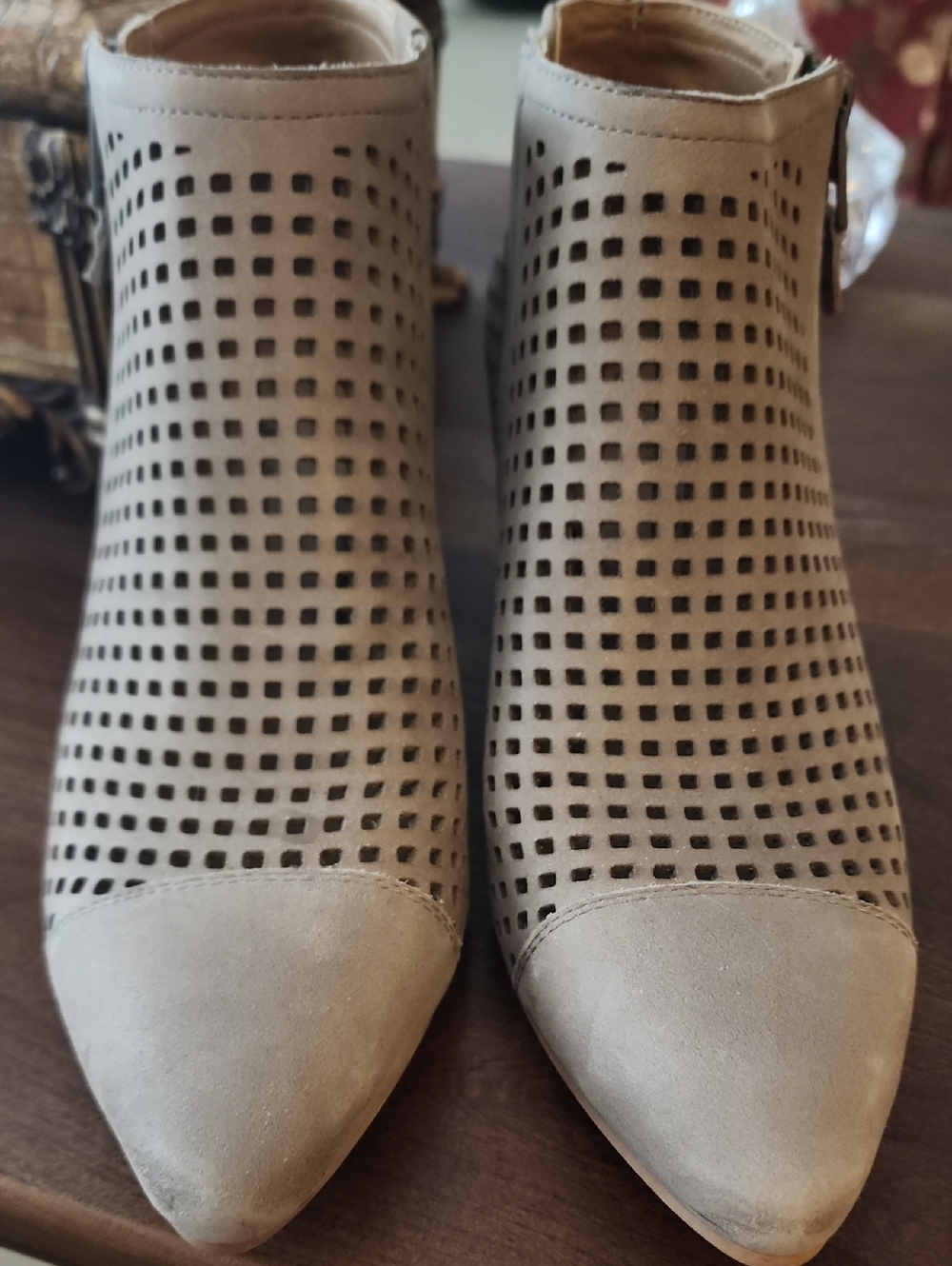 Lucky Brand Taupe Perforated Pointed-Toe Ankle Booties